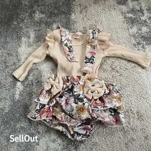 Baby Girl Floral Romper Dress with Bow Beige 0-3 Months
